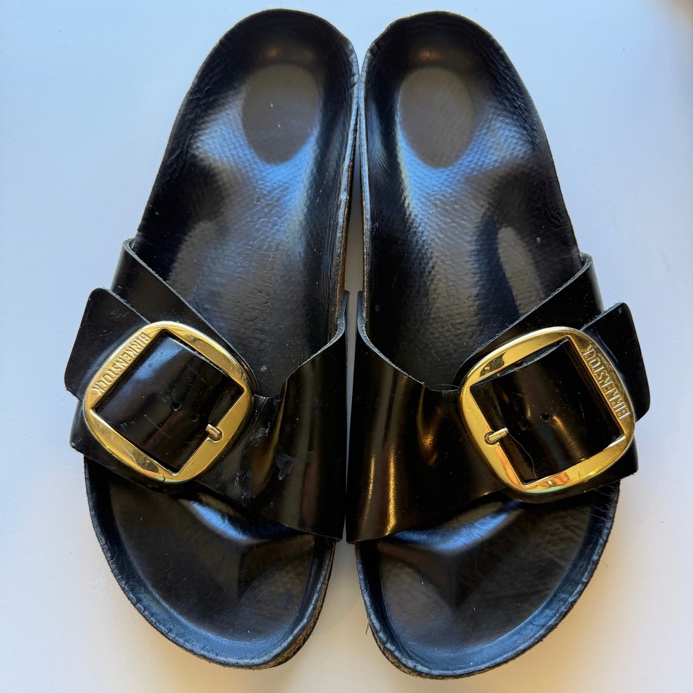 Birkenstock Madrid Big Buckle Black Patent Leather Slide Sandals Gold Buckle